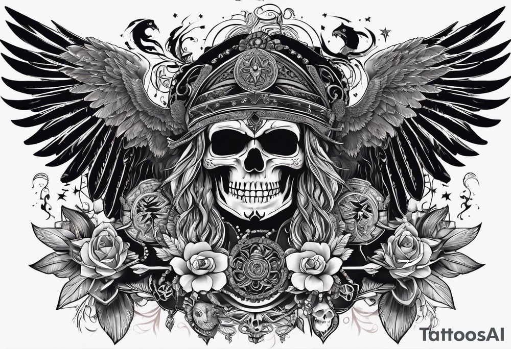black kali, goddess pirate, alien, pachamama, valkrye, warrior, skull, lotus azul, wing, eagle, zenza resonance, stars, 5D tattoo idea