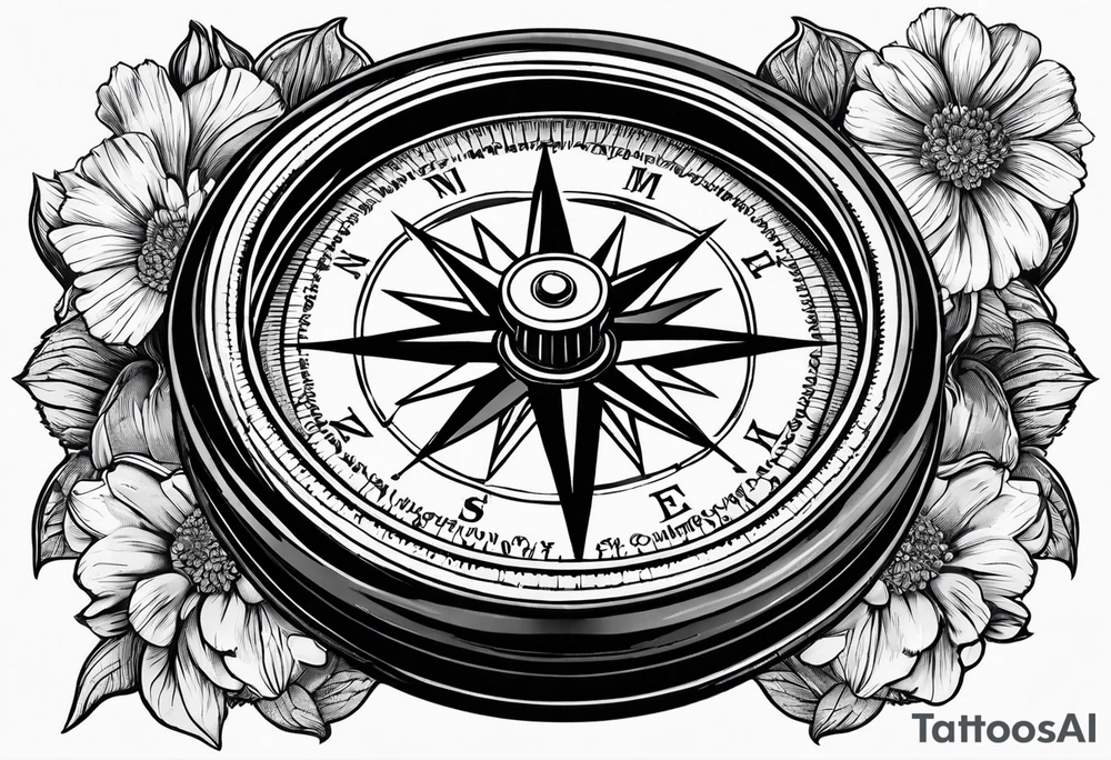 Vintage pocket compass with marigold flower. tattoo idea
