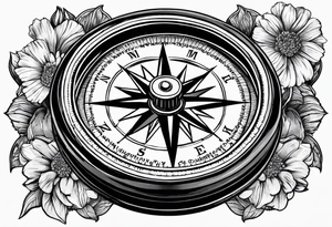 Vintage pocket compass with marigold flower. tattoo idea