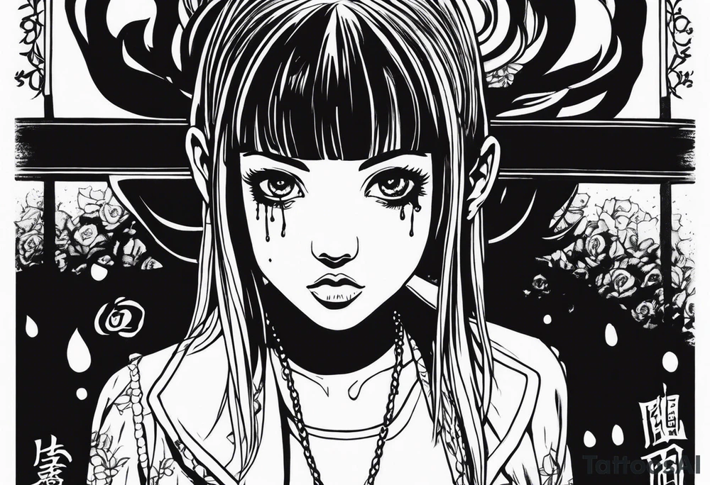 portrait of tomie standing up a character by the horror manga author junji ito full body standing murderously. add more horror and gore elements tattoo idea