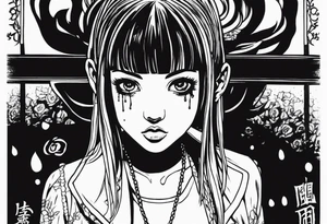 portrait of tomie standing up a character by the horror manga author junji ito full body standing murderously. add more horror and gore elements tattoo idea