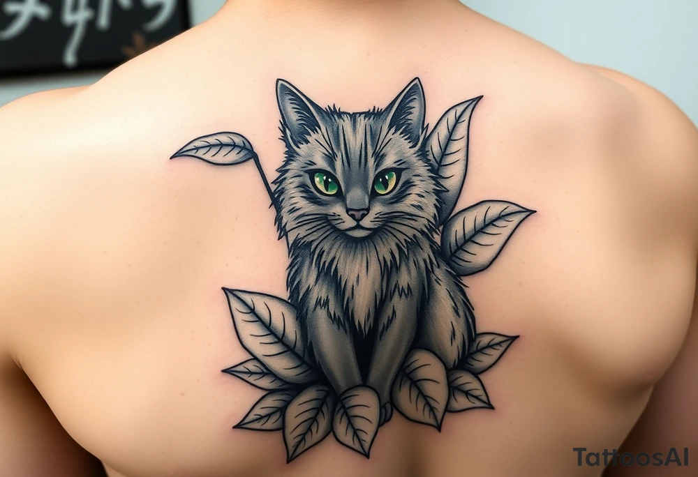 6x6 Minimalist cartoon style tattoo for back of thigh of along haired grey cat with green eyes surrounded buy house plants with huge green leaves tattoo idea