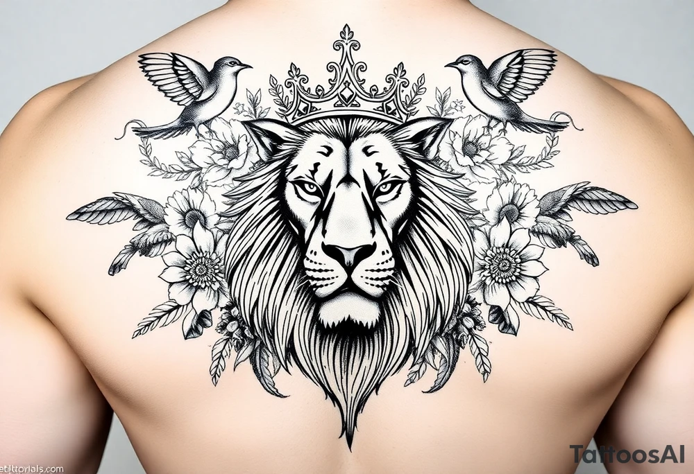 powerful majestic lion with a crown, surrounded by floral ornaments and birds tattoo idea