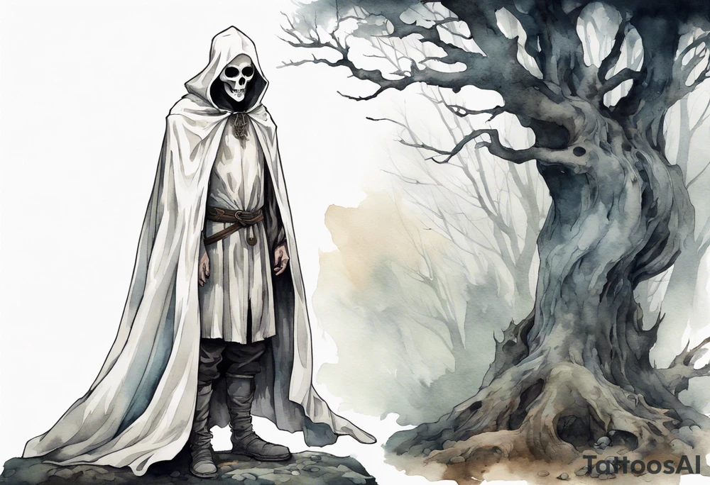 a medieval man in a white cloak wearing skull for a mask standing alone in a gloomy barren forest tattoo idea