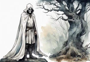 a medieval man in a white cloak wearing skull for a mask standing alone in a gloomy barren forest tattoo idea