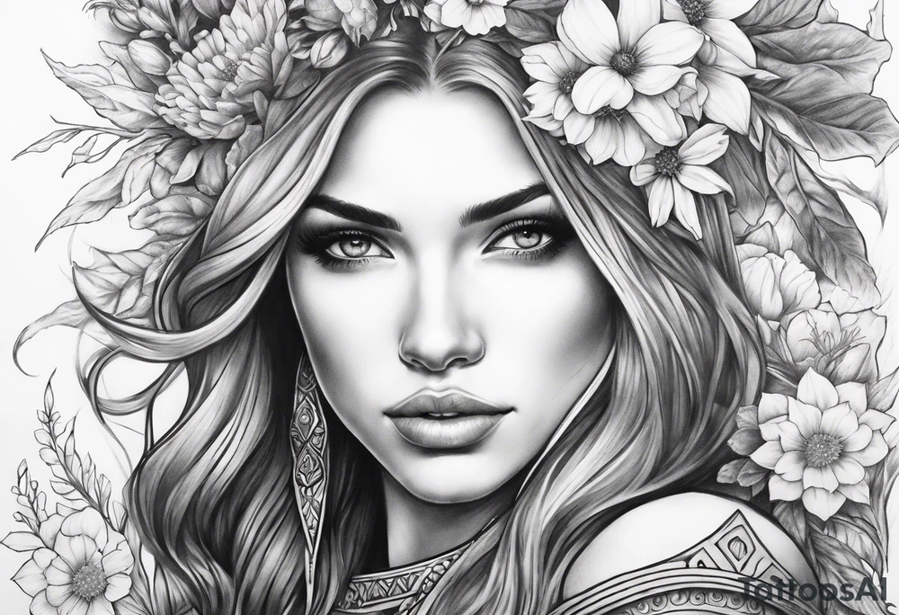 Warrior princess and wildflowers half sleeve tattoo idea
