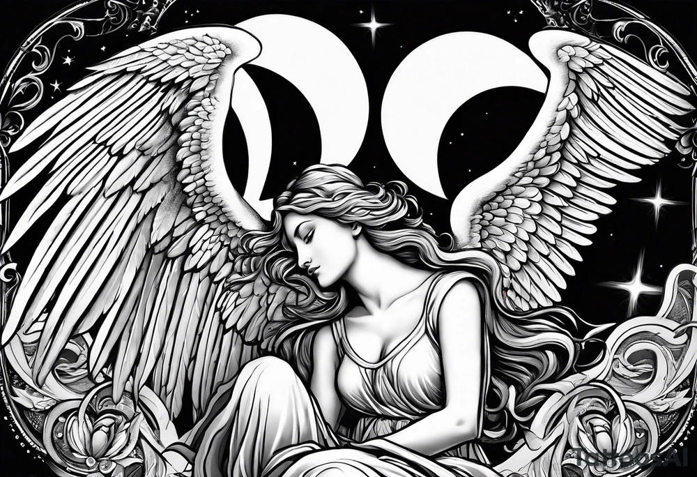 Guardian angel with a moon in the background. Something religious and some women 
eyes too. 2012 wrote 
in Roman numbers tattoo idea