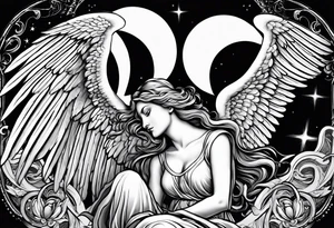 Guardian angel with a moon in the background. Something religious and some women 
eyes too. 2012 wrote 
in Roman numbers tattoo idea