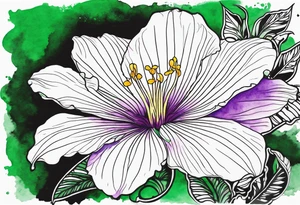 An outline of a rio dipladenia flower with a green and purple watercolor paint in the background tattoo idea