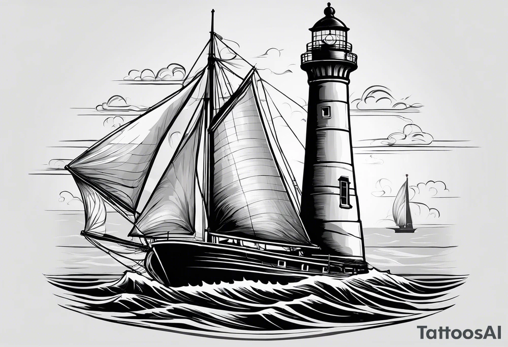 voilier vue de face. phare maritime fixé au centre du voilier et utilisé comme un mat pour les voiles. tattoo idea