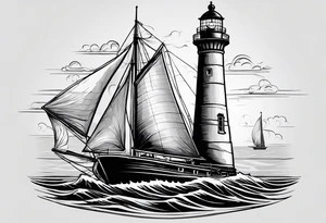 voilier vue de face. phare maritime fixé au centre du voilier et utilisé comme un mat pour les voiles. tattoo idea