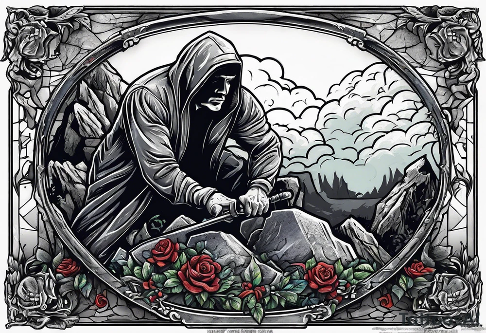 Man climbing out of grave. 
MIW Reincarnate written on gravestone tattoo idea
