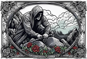 Man climbing out of grave. 
MIW Reincarnate written on gravestone tattoo idea