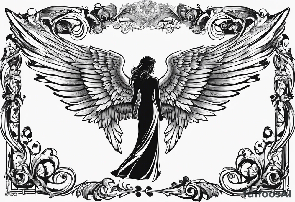 Angel right wing, side way with name Leah written in gothic letters. tattoo idea