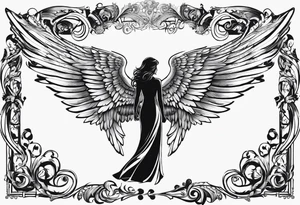 Angel right wing, side way with name Leah written in gothic letters. tattoo idea