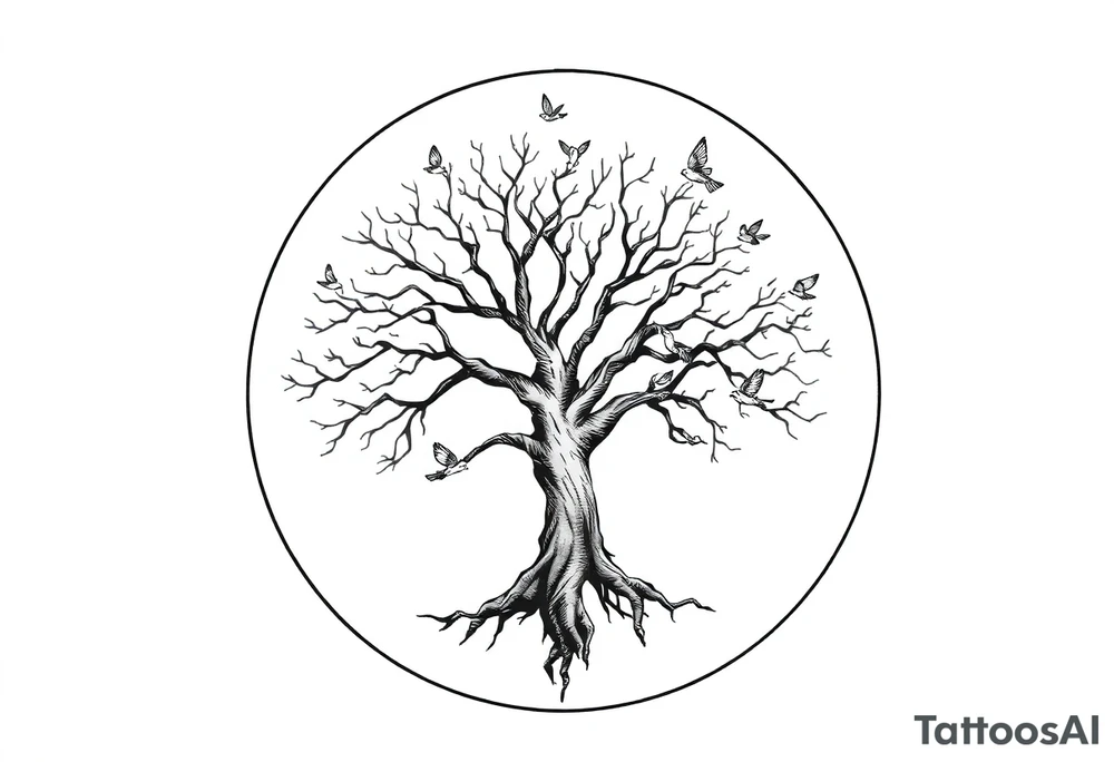 Tree of life in a broken circle with birds flying out tattoo idea