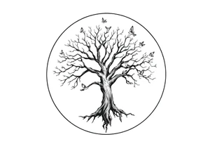 Tree of life in a broken circle with birds flying out tattoo idea