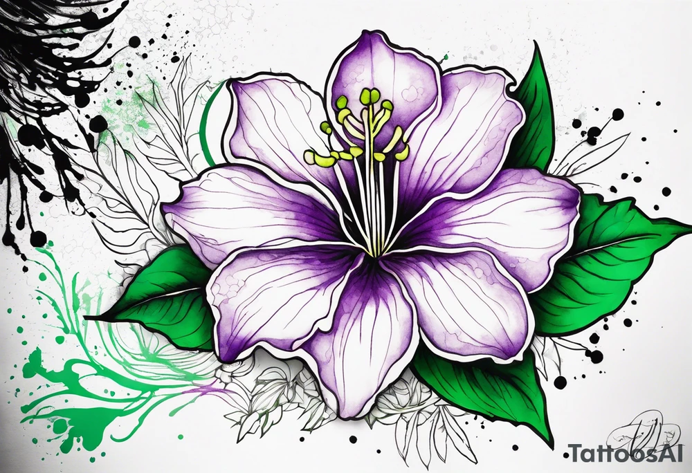 An outline of a green rio dipladenia flower and a green and purple watercolor splash in the background tattoo idea
