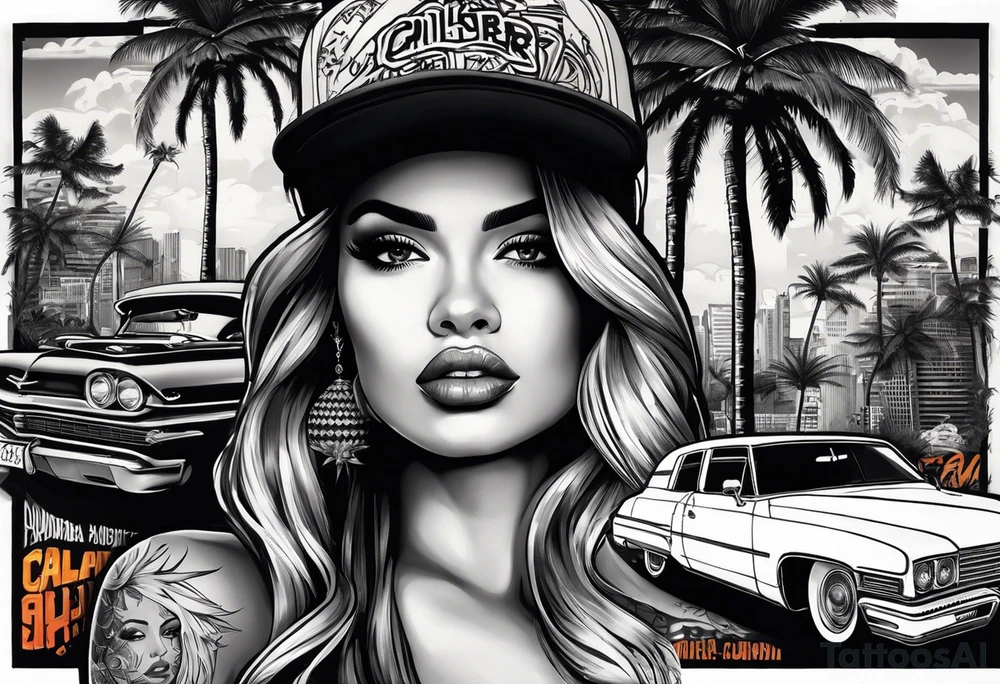 i want the tattoo design to be black and white collage with a mix of urban, graffiti, and street art styles. She must wear a cap with graffiti-style lettering on it.Palm trees are integrated into the background, suggesting a tropical or Californian vibe. Below the woman's portrait, there must be a depiction of a classic lowrider car, adding to the urban feel. The words "Live Now" are written in a dynamic, flowing script across the design, further emphasizing the theme of living in the moment. The overall style is a mix of realism and abstract elements, with splashes, drips, and various textures creating a layered, graffiti-inspired aesthetic tattoo idea