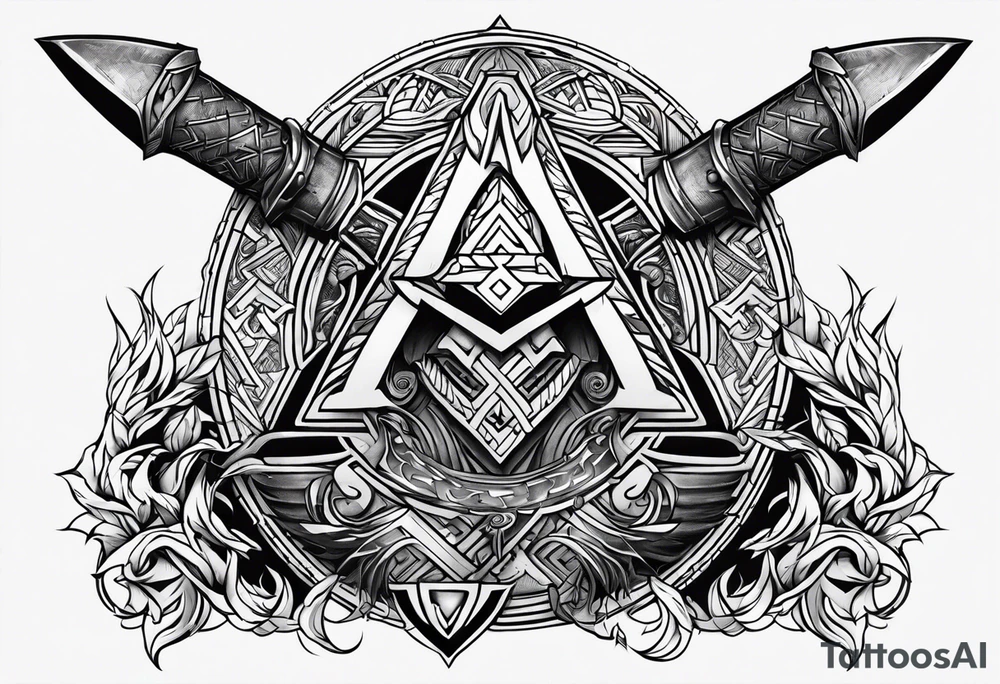 Valhalla sword shield axe Valknut fire tattoo idea