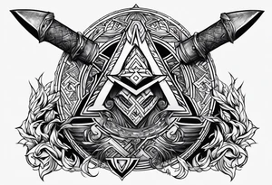Valhalla sword shield axe Valknut fire tattoo idea