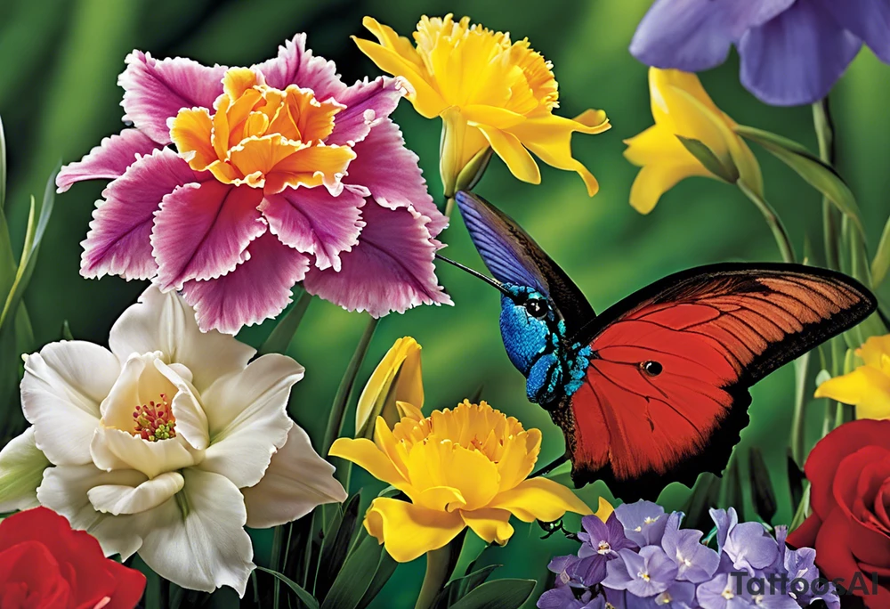 Humingbird made out of Carnation, Snowdrop, Violet, Primrose, Daffodil, jonquil, Lily of the Valley, Hawthorne, Rose, Honeysuckle, Larkspur, Water Lily, Gladiolus & Poppie, Aster, Morning Glory, Chrysanthemum,  Peony, Holly, Narcissus tattoo idea