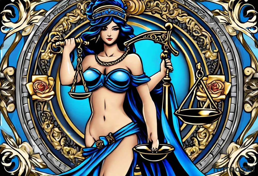 Lady Justice, 
Blindfold:
Scales: 
 Lady Justice is shown with black hair, which is a unique artistic choice compared to the more traditional representations. The scales, blindfold, and sword are all present, adhering to the classic iconography but with a modern and colorful twist. blue roses frames, background blue,present it in a tattoo tattoo idea