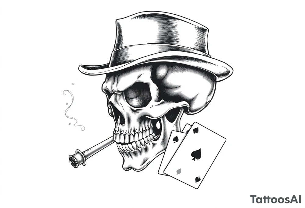 skull with top-hat and cigar in his mouth, playing cards. tattoo idea