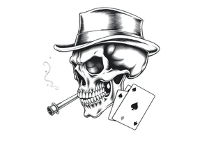 skull with top-hat and cigar in his mouth, playing cards. tattoo idea