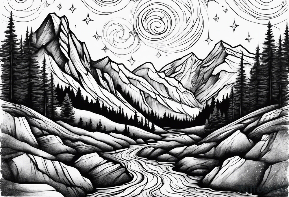 mountains, nature, stars, cross, waterfall, water tattoo idea