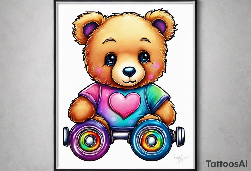a teddy bear, wearing cute, pastel rainbow roller skates tattoo idea