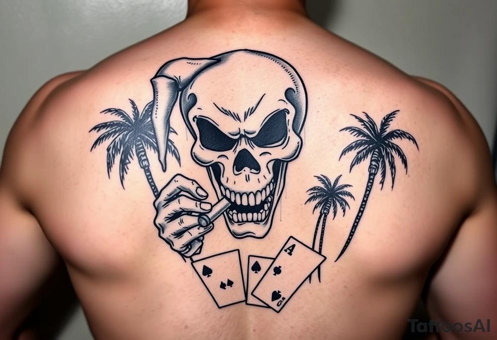 Gangster scene clown skull mid evil smoking cigar playing cards on the streets shaded palm trees tattoo idea