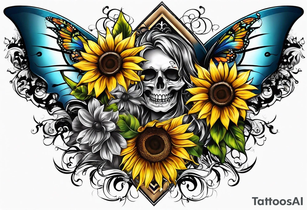 Arm sleeve with Winged cross with sunflower and butterflies tattoo idea
