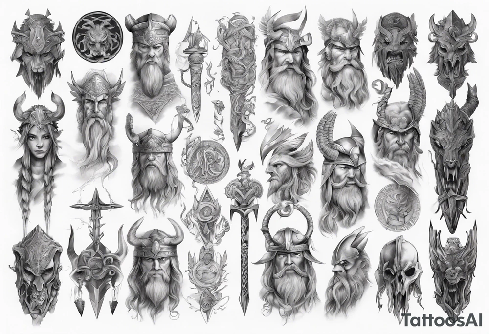 Upper arm sleeve of norse mythology tattoo idea