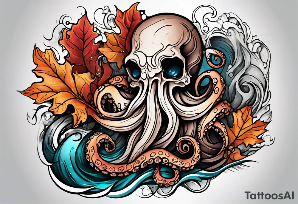 masculine abstract left thigh tattoo with a large octopus in water swirls wrapping around rocks, a rose, in fall colors with some small leaves and fall elements tattoo idea