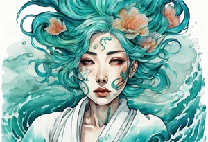 a woman made out of water with gills emerging from the sea, turquoise hair, wearing a white robe, tattoo idea