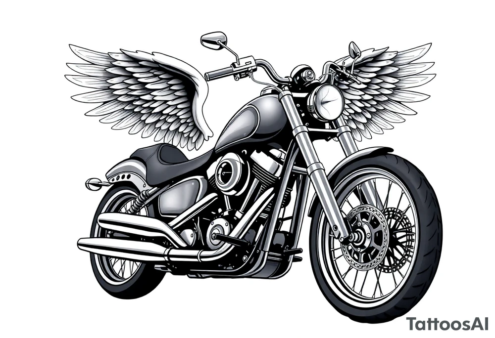 Low rider grey motorcycle, big muffler pipes with flames, angel wings, driving away, no person tattoo idea