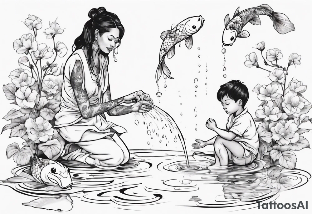ethnic 
woman and two little boy, watering sweet pea flowers cascading down, surrounding a pond with 2 koi fish swimming tattoo idea
