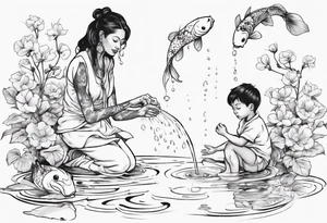 ethnic 
woman and two little boy, watering sweet pea flowers cascading down, surrounding a pond with 2 koi fish swimming tattoo idea