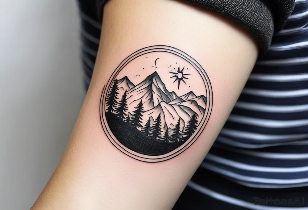 A half sleeve tattoo that features the quote **"Not all who wander are lost"** in elegant script on the outer forearm. Surrounding it are a compass rose and flowing elements like mountains, waves, and trees, symbolizing adventure and nature. Small travel icons like a plane and backpack are interspersed, enhancing the theme of exploration. The design uses a dynamic look that wraps naturally around your forearm. tattoo idea