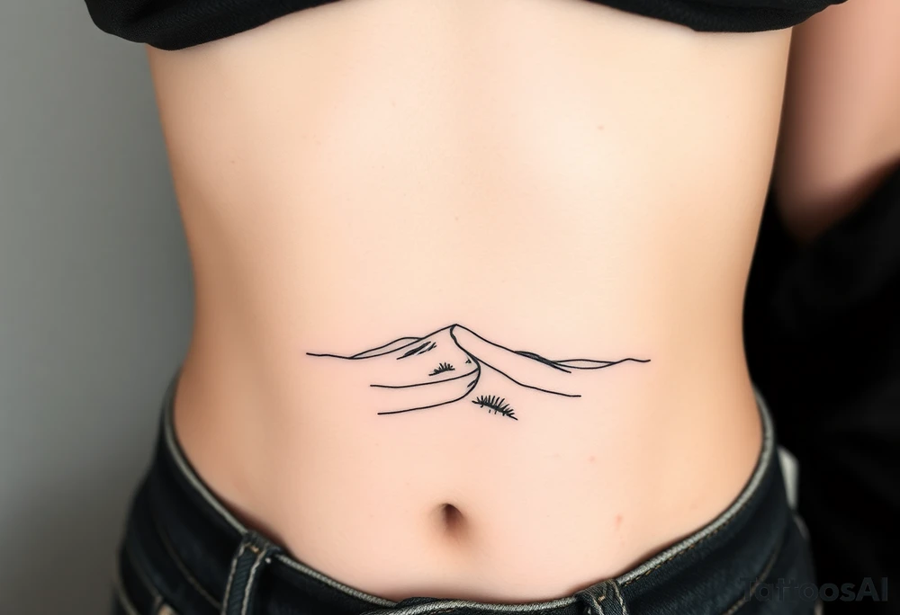 Landscape of sand dune and peasible sea (like in the north of France) in a minimalist style tattoo idea