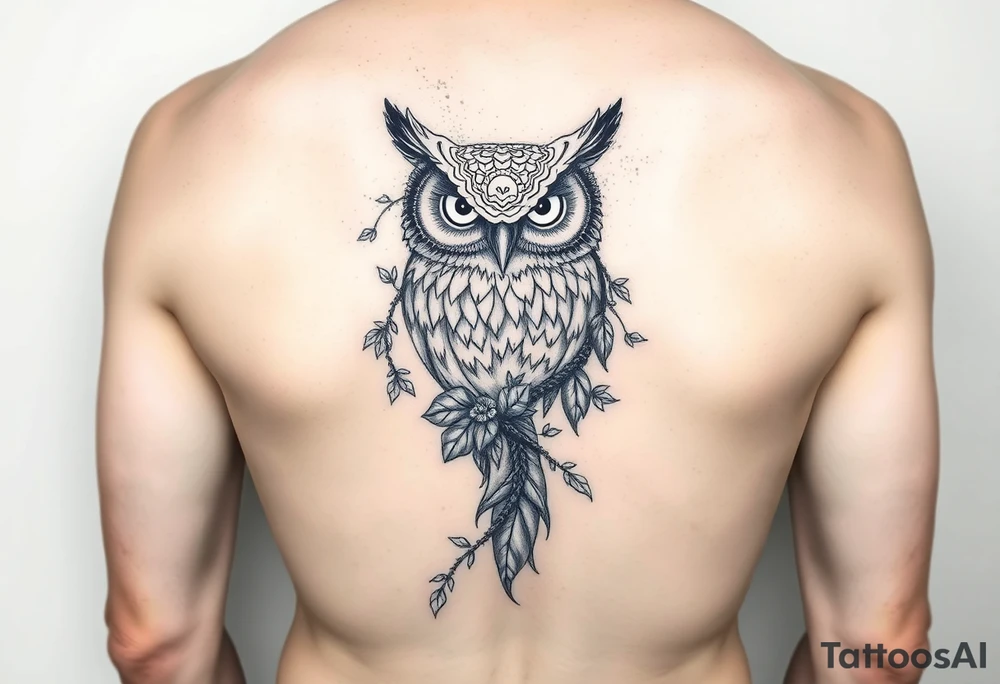 Upper arm tattoo of owl vine crawling upward and wrapping owl 333 incorporated with the owl and vine vine wrapping around the owl covering it tattoo idea