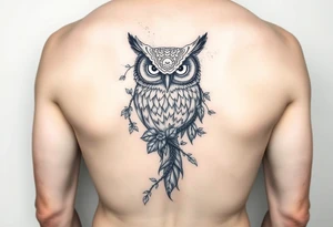 Upper arm tattoo of owl vine crawling upward and wrapping owl 333 incorporated with the owl and vine vine wrapping around the owl covering it tattoo idea