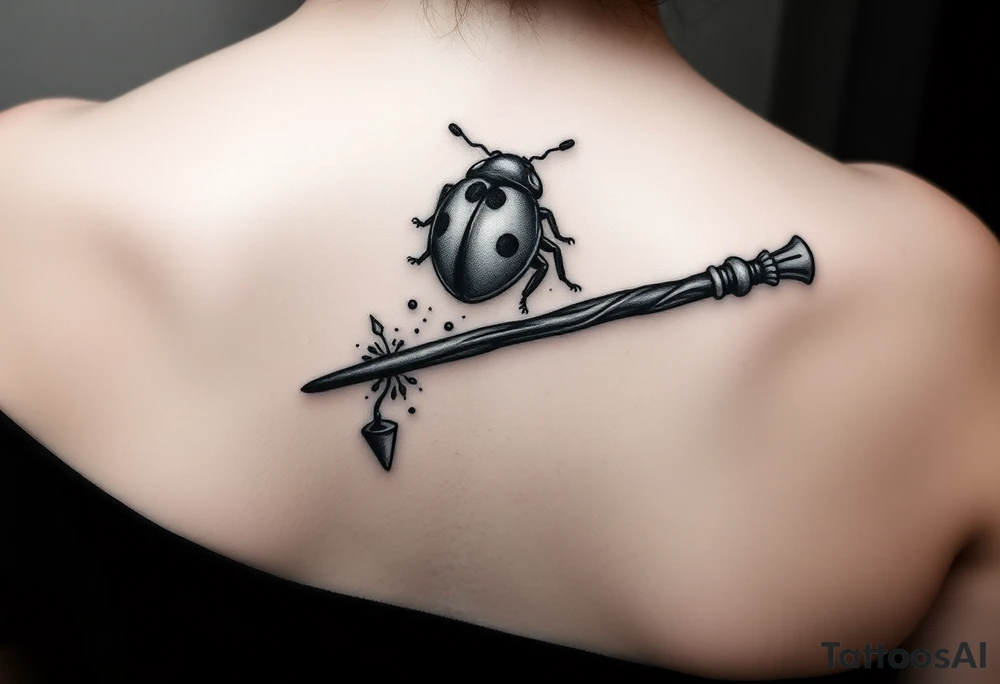 A ladybug getting out of hermione's magic wand like it was a spell. Magic dust all around the wand that looks almost smoky. I also want some small details around it that would make a piggyback on harry potter's movie like harry's glasses, a lightning, the golden snitch, etc... tattoo idea
