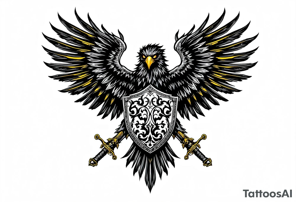 A fierce black eagle with golden grown clutching a silver shield with traditional Silesian patterns, crossed by two ornate medieval swords. The eagle’s eyes glow in deep amber, symbolizing vigilance and protection. tattoo idea
