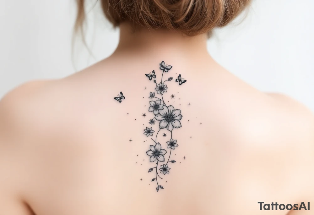 Flowers vertically down the spine surrounded by small butterflies and sparkles

Less flowers tattoo idea