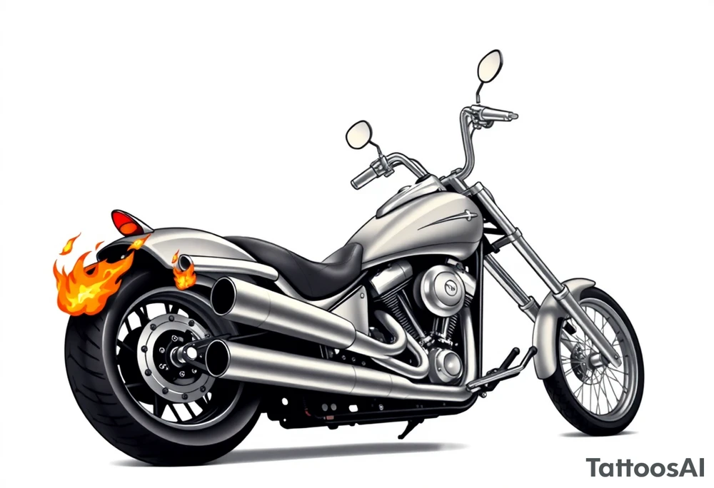 Low rider grey motorcycle, big muffler pipes with flames, angel wings, driving away, no person tattoo idea