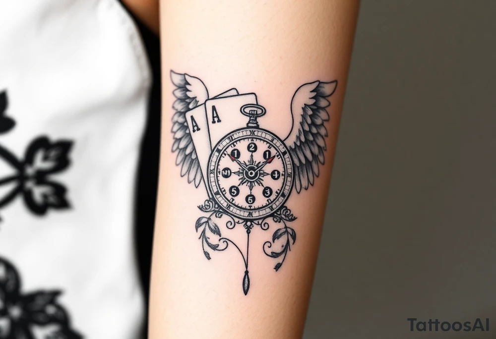 Slot machine cards compass and clock with angel wings tattoo idea