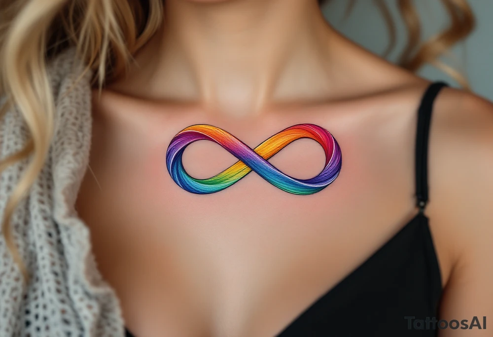 A rainbow-colored infinity symbol reflects the limitless nature of freedom placed uder collarbone tattoo idea