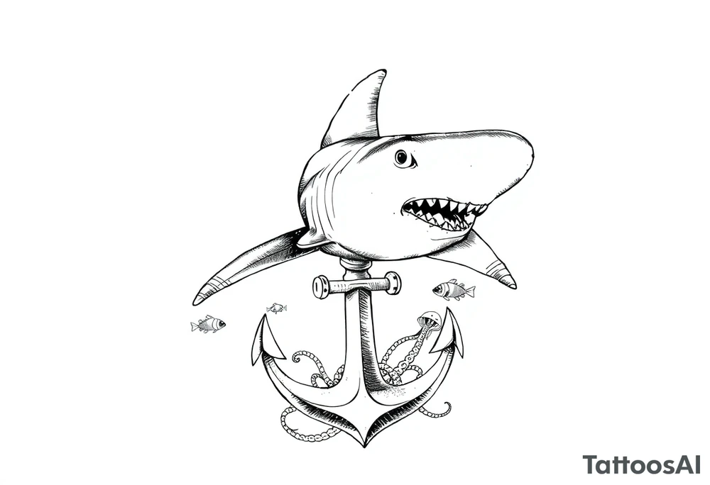 a hammerhead shark, under it an anchor,fishes,jellyfisches,octopus. tattoo idea